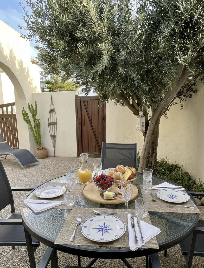 Desayuno en la terraza de Cortijo Aloe bajo el olivo